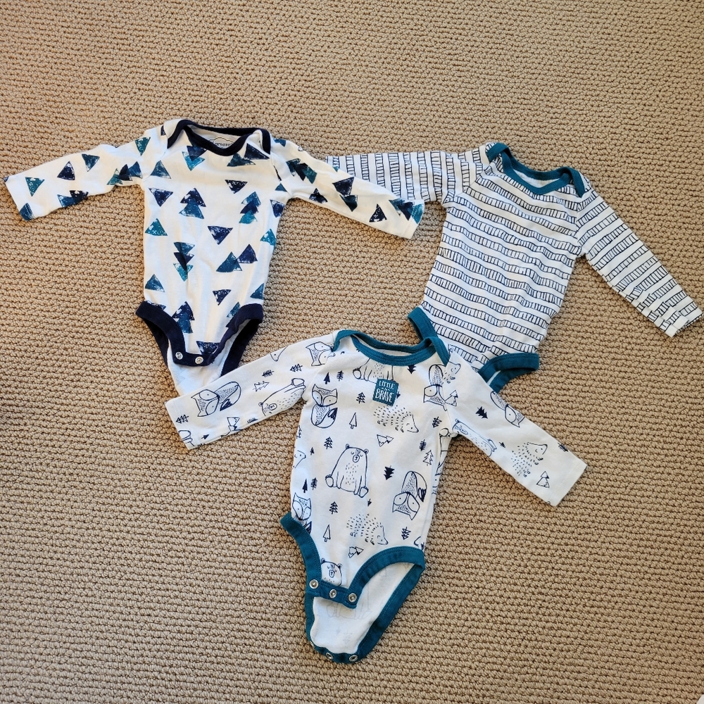 Three-Organic size 3 month boys long sleaved onsies, never worn, no signsof wear
